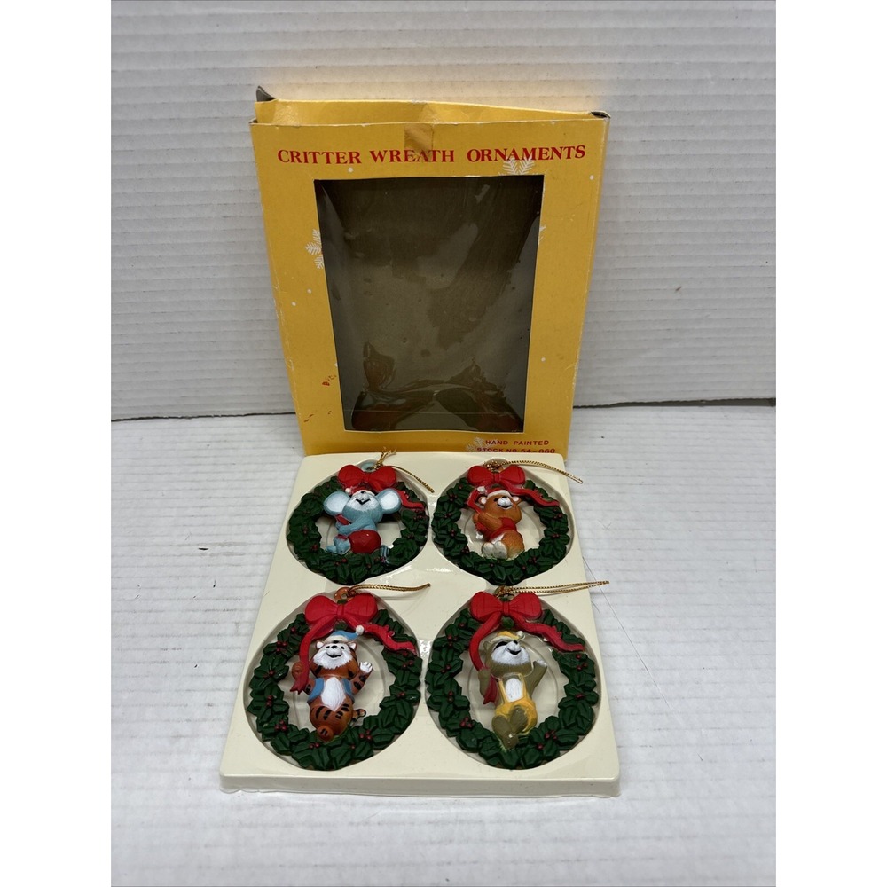 SET (4) Christmas Critter Wreath Ornaments Hand Painted Vintage Holiday
